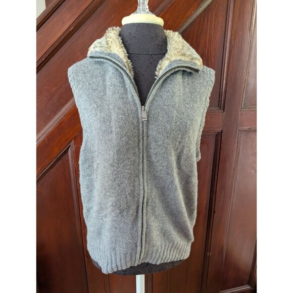 Eddie Bauer Womens Gray Wool Alpaca Zip-Up Vest W/ Faux Fur Collar Size L - Picture 1 of 5